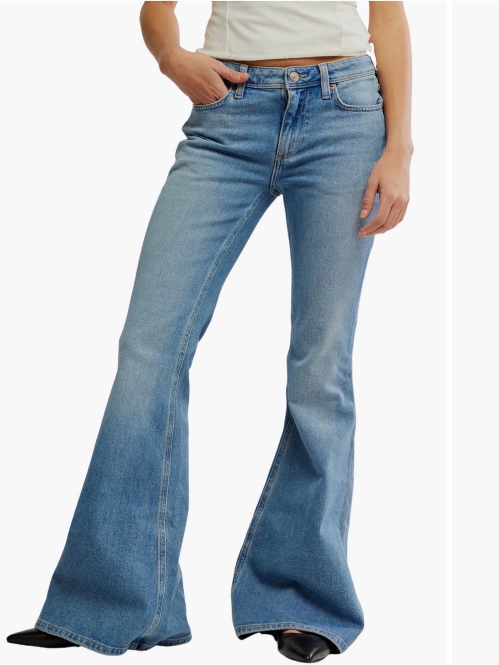 We The Free Love Bomb Women's 31 Blue Flare Jeans Free People Mid Rise Stretch